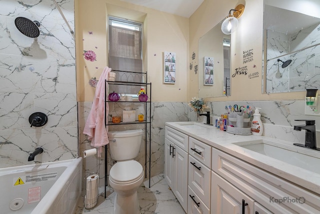 full bathroom featuring tile walls, toilet,  shower combination, and vanity