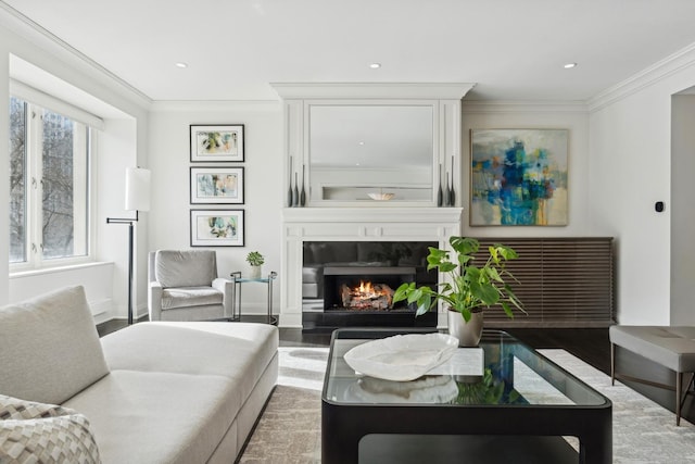 living area with a fireplace, ornamental molding, wood finished floors, and recessed lighting