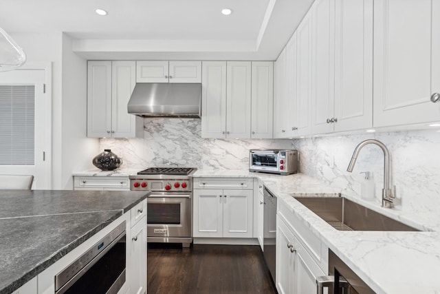 kitchen featuring a toaster, under cabinet range hood, a sink, white cabinetry, and appliances with stainless steel finishes