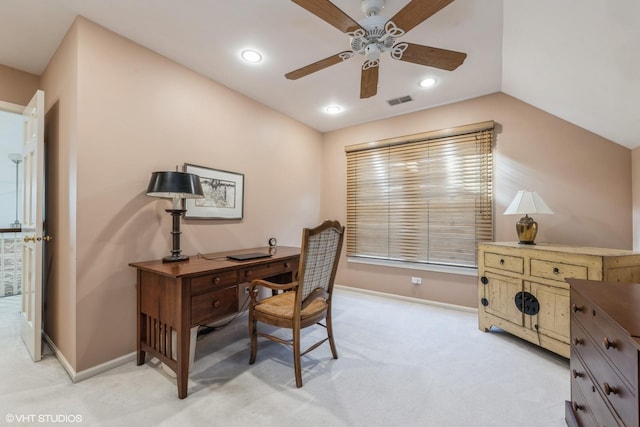 office space featuring baseboards, light colored carpet, visible vents, and ceiling fan