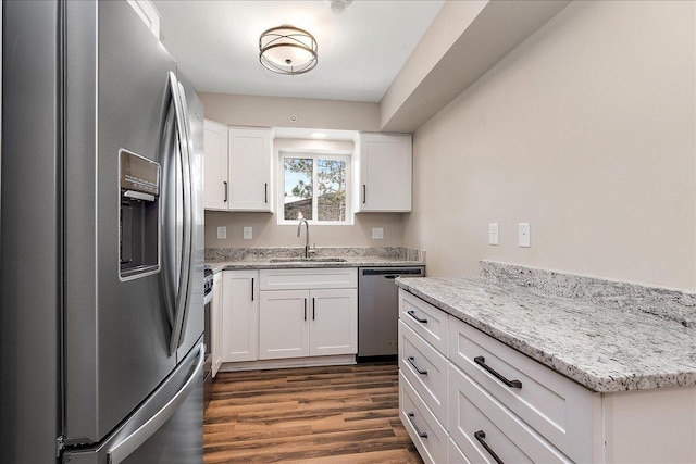 kitchen with white cabinetry, stainless steel appliances, dark hardwood / wood-style flooring, and sink