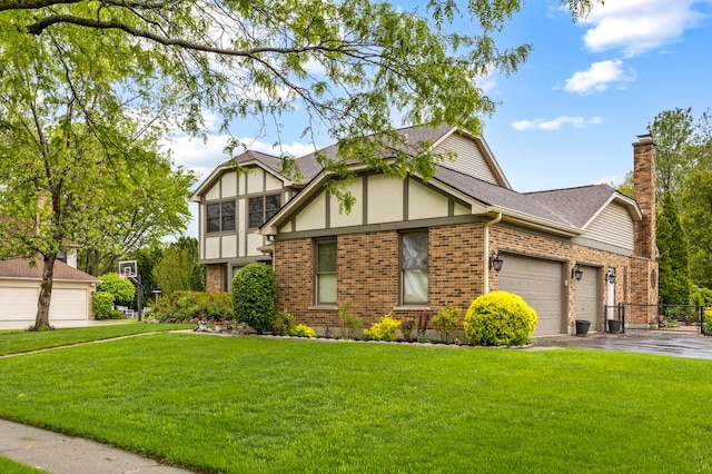 1185 Surrey Ln, Itasca, IL 60143 - tudor-style house featuring brick siding, a shingled roof, a garage, asphalt driveway, and a chimney