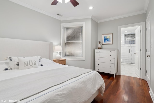 bedroom with recessed lighting, visible vents, ornamental molding, a ceiling fan, and wood finished floors