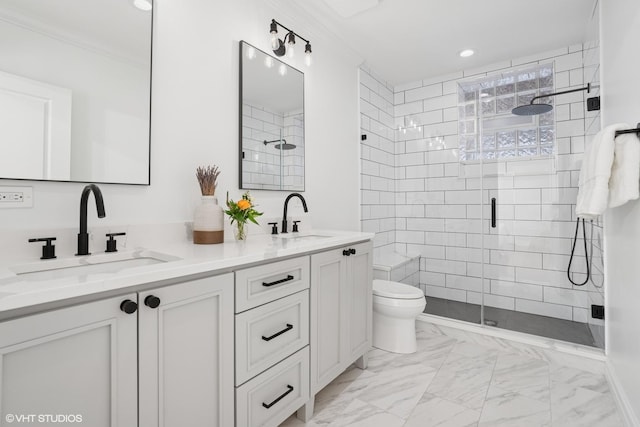 full bathroom featuring a sink, a shower stall, and toilet