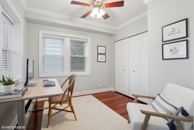 home office with dark wood-style floors, ceiling fan, baseboards, and crown molding