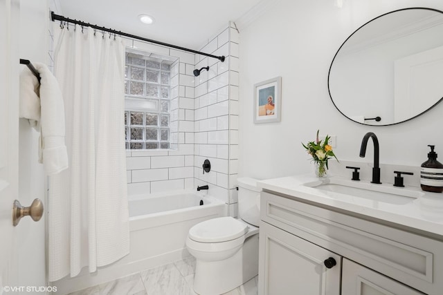 full bath with toilet, vanity, marble finish floor, shower / tub combo with curtain, and crown molding