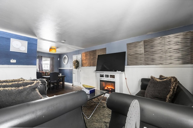 living room with dark hardwood / wood-style floors