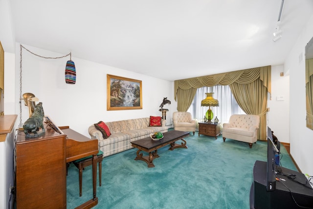 living room featuring carpet floors and track lighting