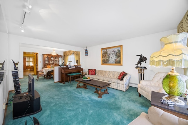 living area with baseboard heating, carpet, and track lighting