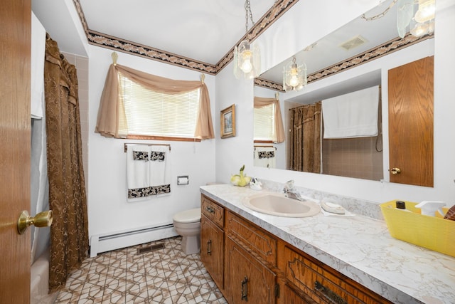 bathroom featuring visible vents, toilet, curtained shower, baseboard heating, and vanity