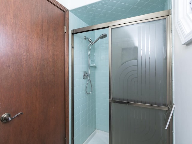 bathroom with a shower with door