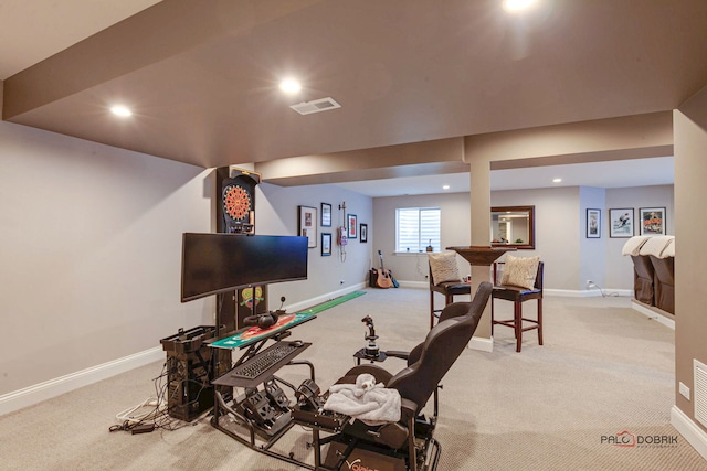 game room with light carpet, recessed lighting, visible vents, and baseboards