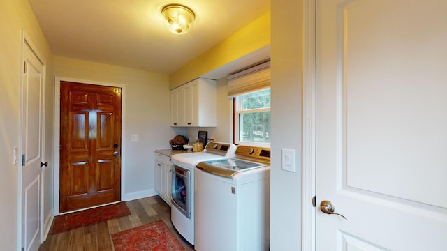 7N108 Hastings Dr, Saint Charles, IL 60175 - clothes washing area with cabinet space, independent washer and dryer, dark wood-style flooring, and baseboards