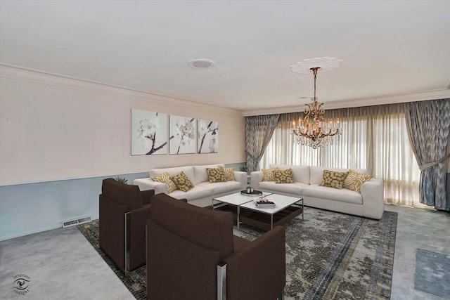 living area with a notable chandelier, visible vents, and crown molding