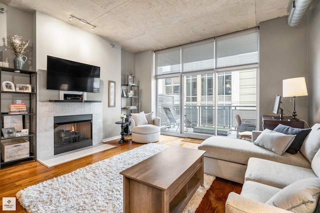 living area with baseboards, wood finished floors, rail lighting, expansive windows, and a fireplace