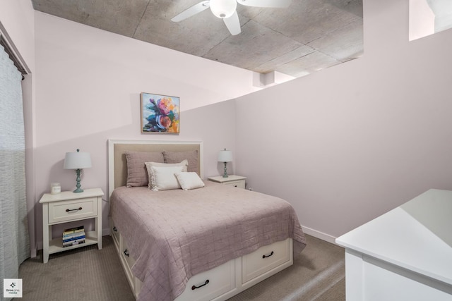 bedroom featuring ceiling fan and light carpet