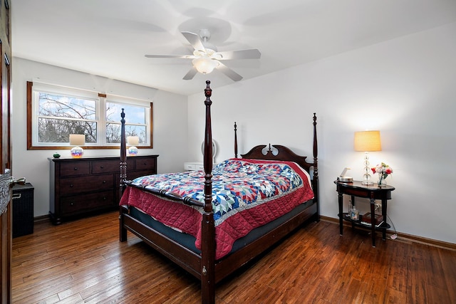 bedroom with wood-type flooring, ceiling fan, and baseboards