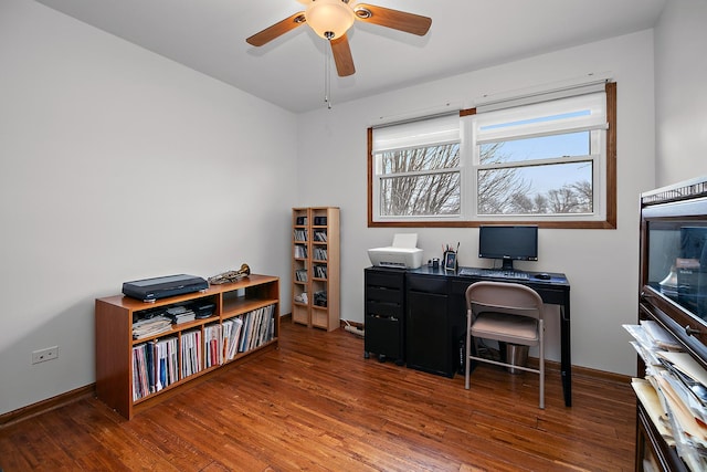 office with ceiling fan, baseboards, and wood finished floors