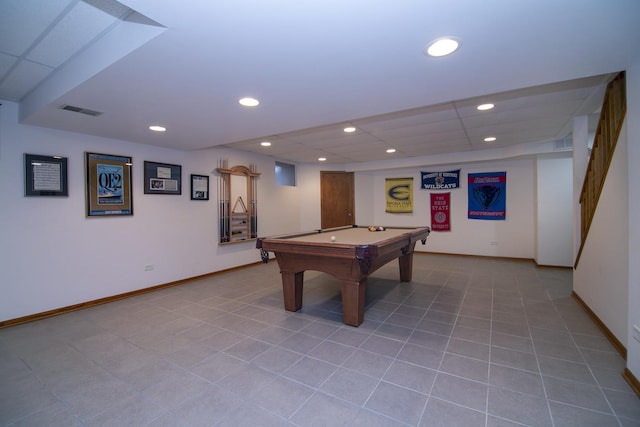 game room featuring light tile patterned floors, a paneled ceiling, recessed lighting, visible vents, and baseboards