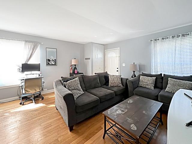 living room with baseboards, wood finished floors, and a healthy amount of sunlight