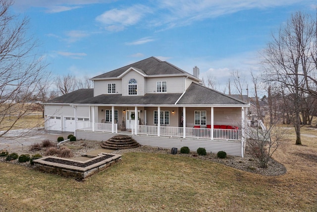 farmhouse featuring a chimney, a porch, a shingled roof, an attached garage, and a front lawn