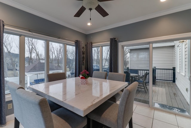 dining room featuring light tile patterned floors, ceiling fan, recessed lighting, and crown molding