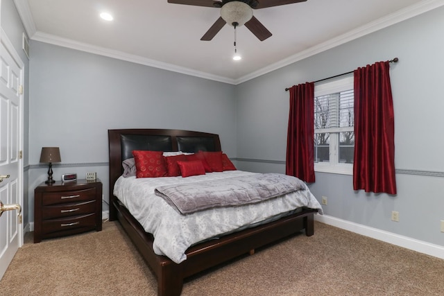 carpeted bedroom featuring ornamental molding, recessed lighting, baseboards, and a ceiling fan