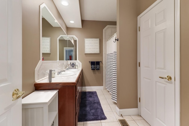 full bathroom featuring recessed lighting, visible vents, vanity, tile patterned flooring, and baseboards