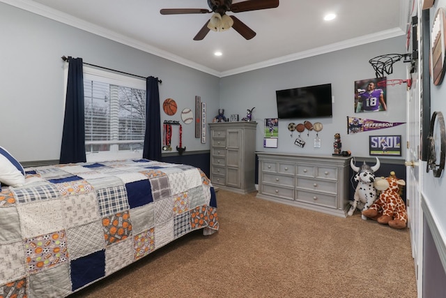 bedroom with recessed lighting, carpet flooring, crown molding, and ceiling fan