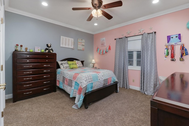 carpeted bedroom featuring baseboards, recessed lighting, a ceiling fan, and crown molding