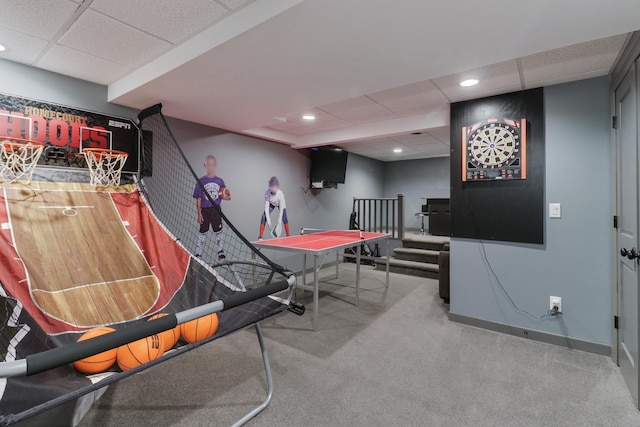 rec room featuring baseboards, carpet floors, a drop ceiling, and recessed lighting