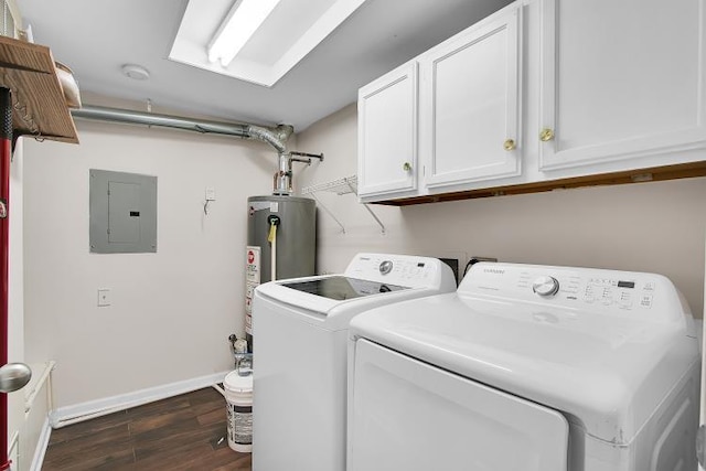 washroom with gas water heater, dark hardwood / wood-style flooring, cabinets, electric panel, and washer and clothes dryer