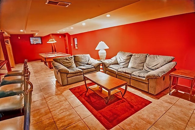 living area with pool table, light tile patterned flooring, recessed lighting, and visible vents