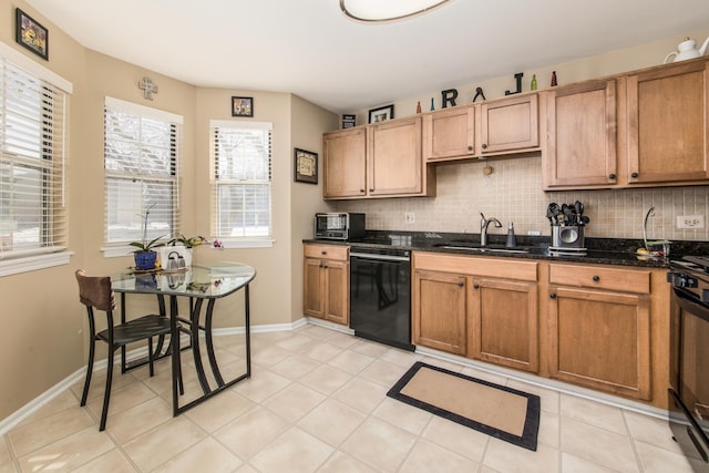 kitchen with a sink, backsplash, dishwasher, and dark stone counters