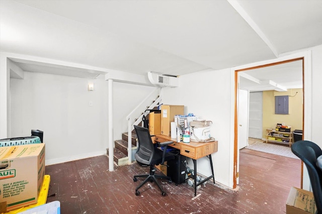 office area with electric panel, baseboards, and wood finished floors