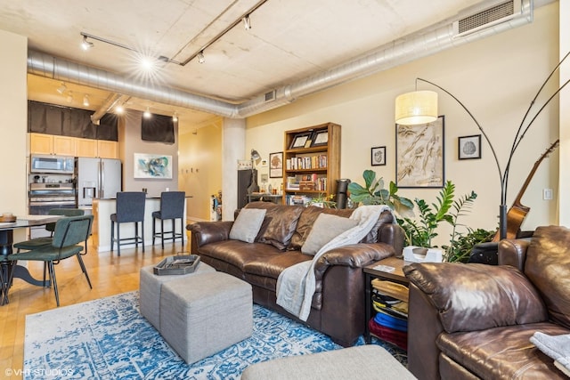 living room featuring rail lighting and wood-type flooring