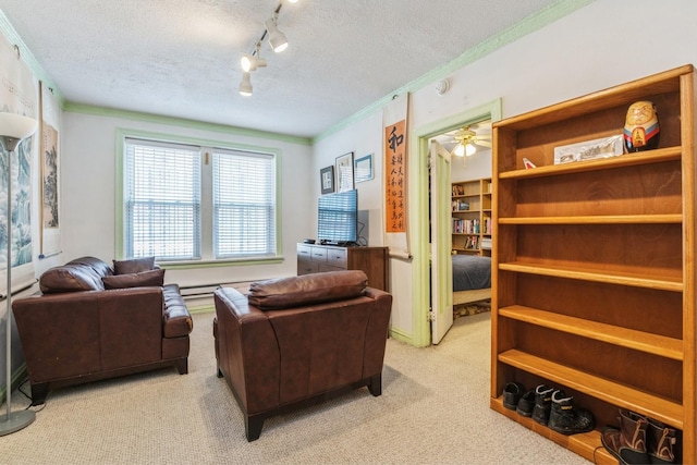 living area with crown molding, light colored carpet, rail lighting, and a textured ceiling