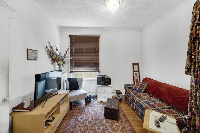 living room with a textured ceiling, wood finished floors, and ornamental molding