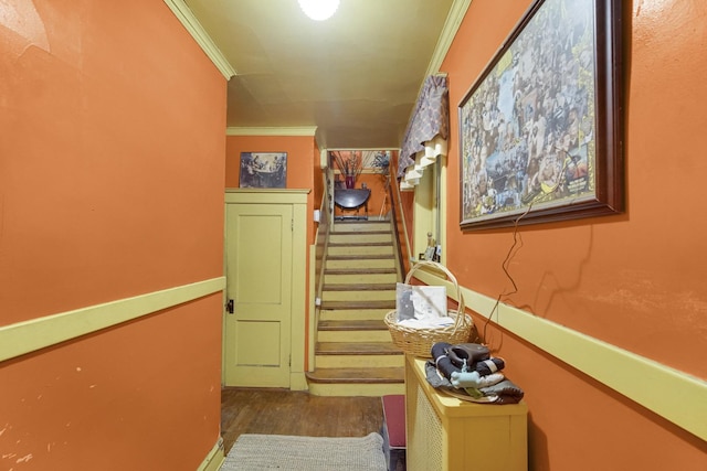 hall featuring stairway, wood finished floors, and ornamental molding