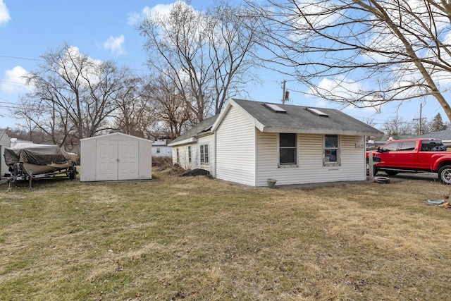 view of property exterior with a yard and a shed