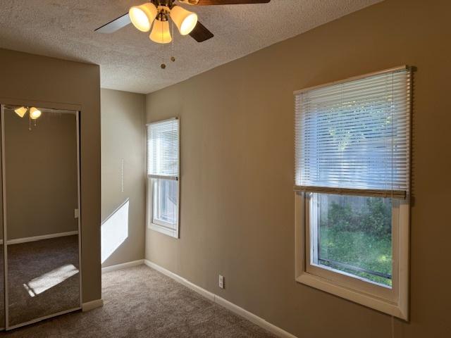 carpeted spare room with ceiling fan and a textured ceiling