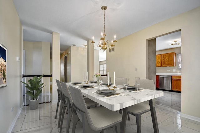 dining space with visible vents, marble finish floor, an inviting chandelier, and baseboards