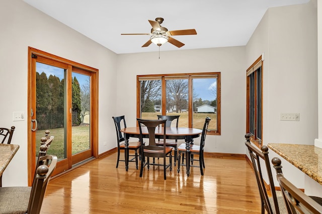 dining area featuring ceiling fan, plenty of natural light, and light hardwood / wood-style floors