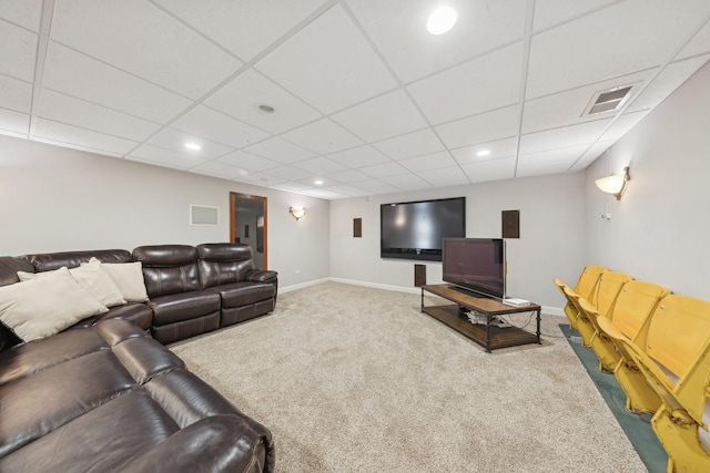 living area featuring carpet, visible vents, baseboards, and recessed lighting