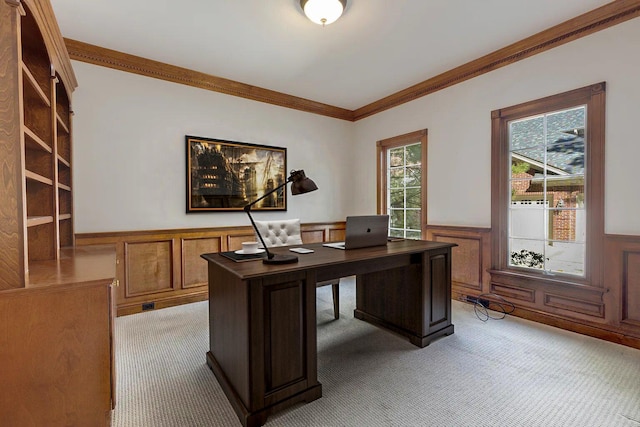 office area featuring ornamental molding and light carpet