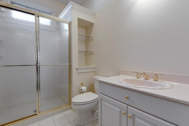 bathroom with toilet, tile patterned floors, vanity, and walk in shower