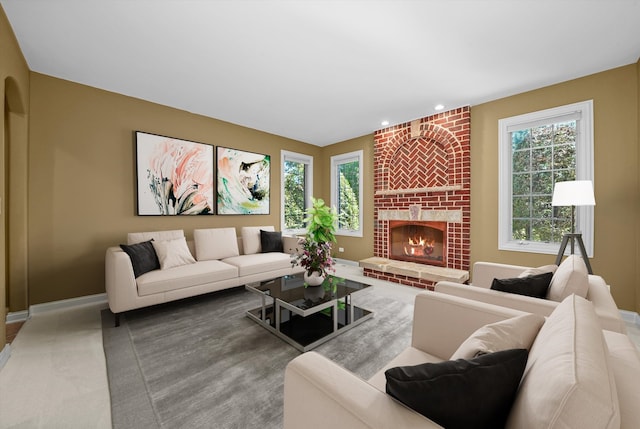 carpeted living room featuring a fireplace