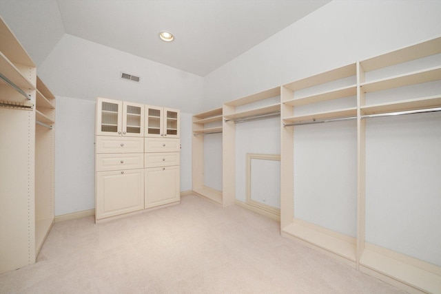 spacious closet featuring light colored carpet