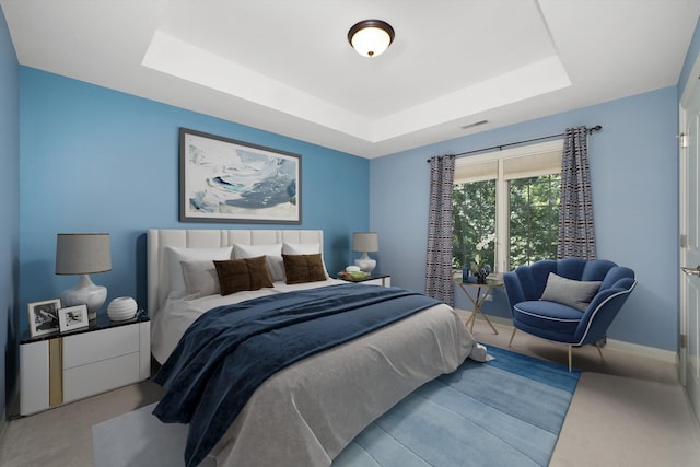 carpeted bedroom with a tray ceiling and a skylight