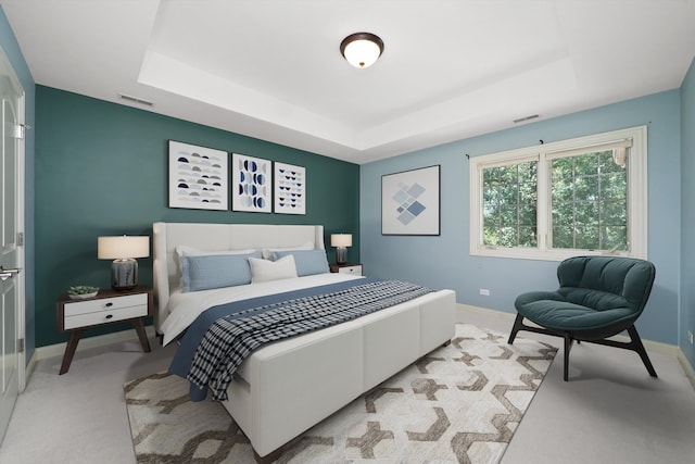 carpeted bedroom with a raised ceiling